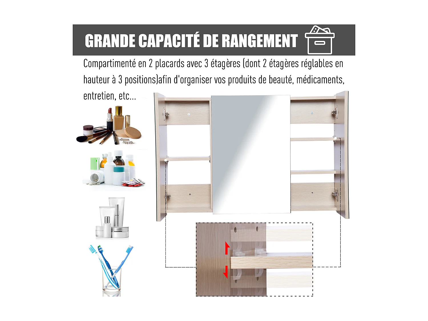 Armoire murale miroir salle de bain 3 portes 3 étagères dim. 90L x 14l x 60H cm panneaux particules chêne clair