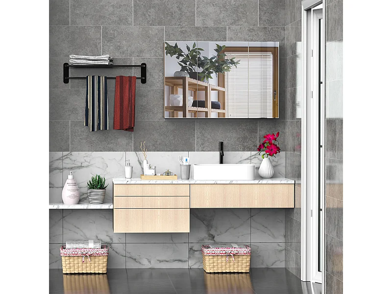Armoire murale miroir salle de bain 3 portes 3 étagères dim. 90L x 14l x 60H cm panneaux particules chêne clair