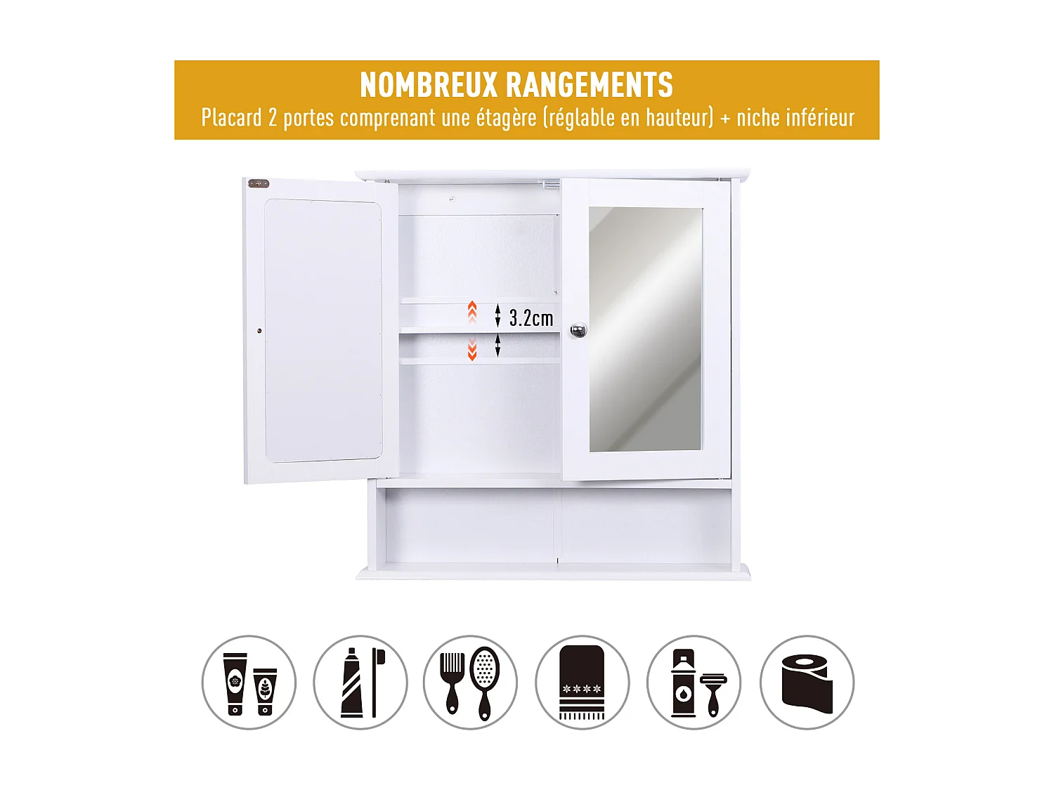 Armoire murale étagère salle de bain 56L x 13l x 58H cm double porte miroir étagère réglable MDF blanc