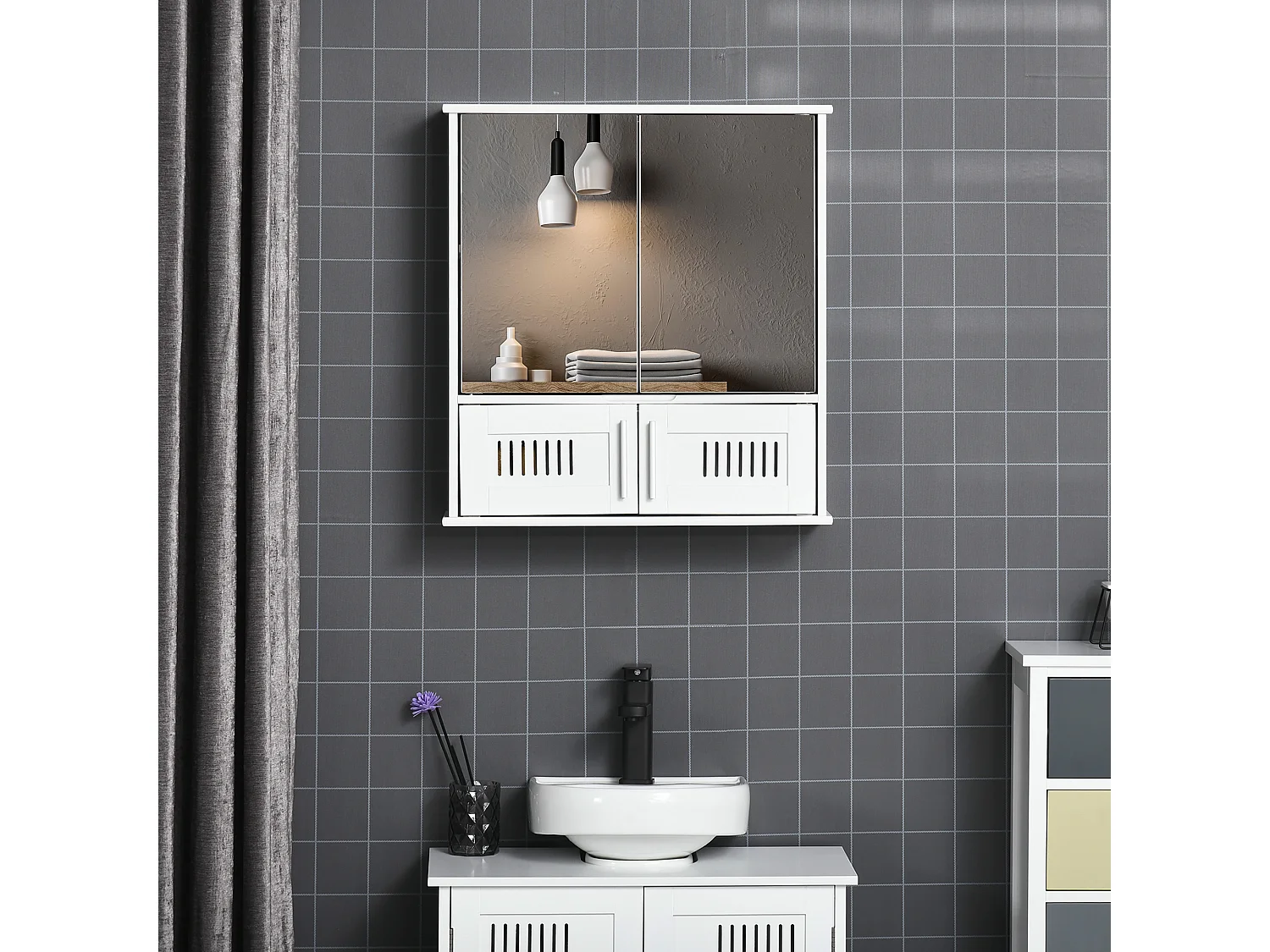 Armoire murale de salle de bain avec miroir - armoire à glace - placard de rangement toilettes - 4 portes, étagère - verre MDF blanc