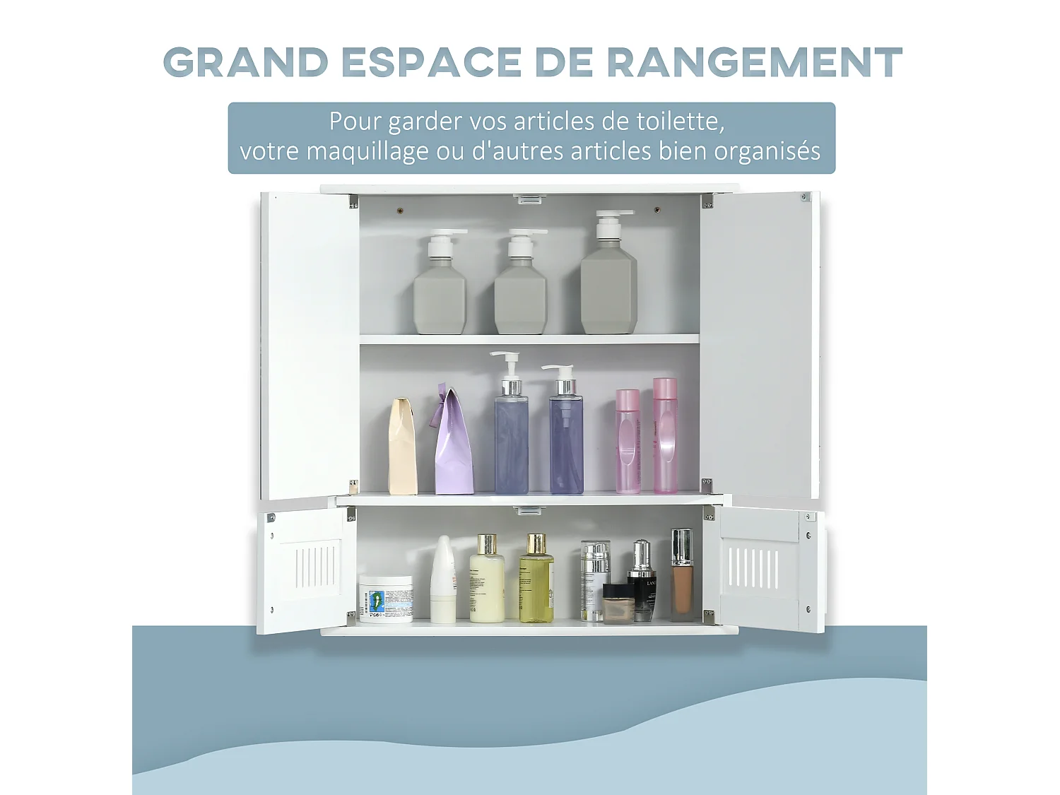 Armoire murale de salle de bain avec miroir - armoire à glace - placard de rangement toilettes - 4 portes, étagère - verre MDF blanc