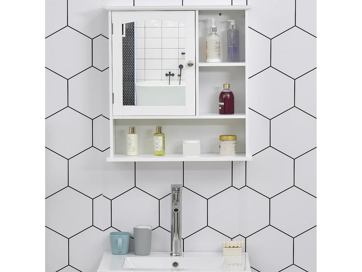 Armoire murale salle de bain armoire à glace placard de rangement toilettes 1 porte niche + étagères latérales MDF blanc