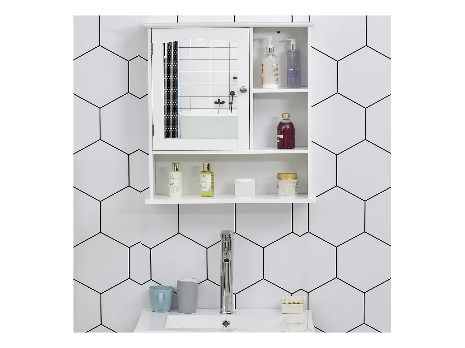 Armoire murale salle de bain armoire à glace placard de rangement toilettes 1 porte niche + étagères latérales MDF blanc