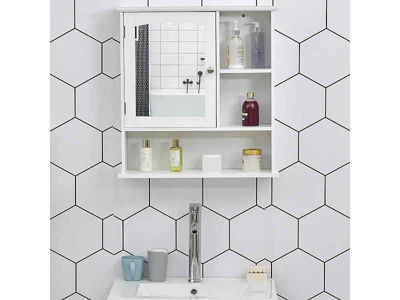 Armoire murale salle de bain armoire à glace placard de rangement toilettes 1 porte niche + étagères latérales MDF blanc