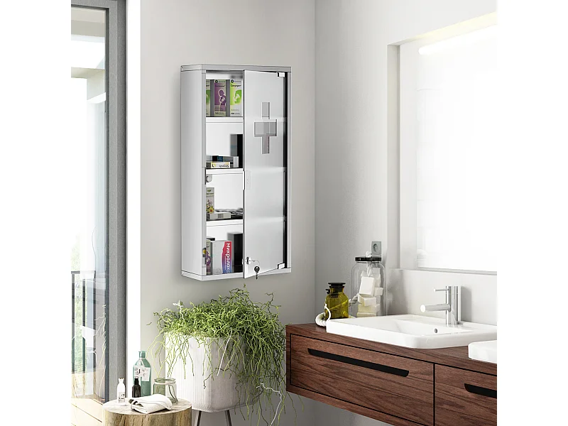 Armoire à pharmacie 3 étagères 4 niveaux 30L x 12l x 60H cm porte verre trempé symbole croix acier inoxydable brossé