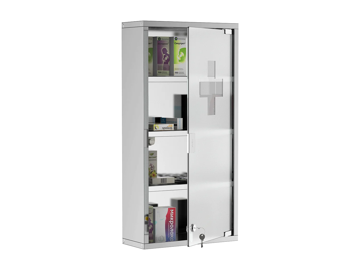Armoire à pharmacie 3 étagères 4 niveaux 30L x 12l x 60H cm porte verre trempé symbole croix acier inoxydable brossé