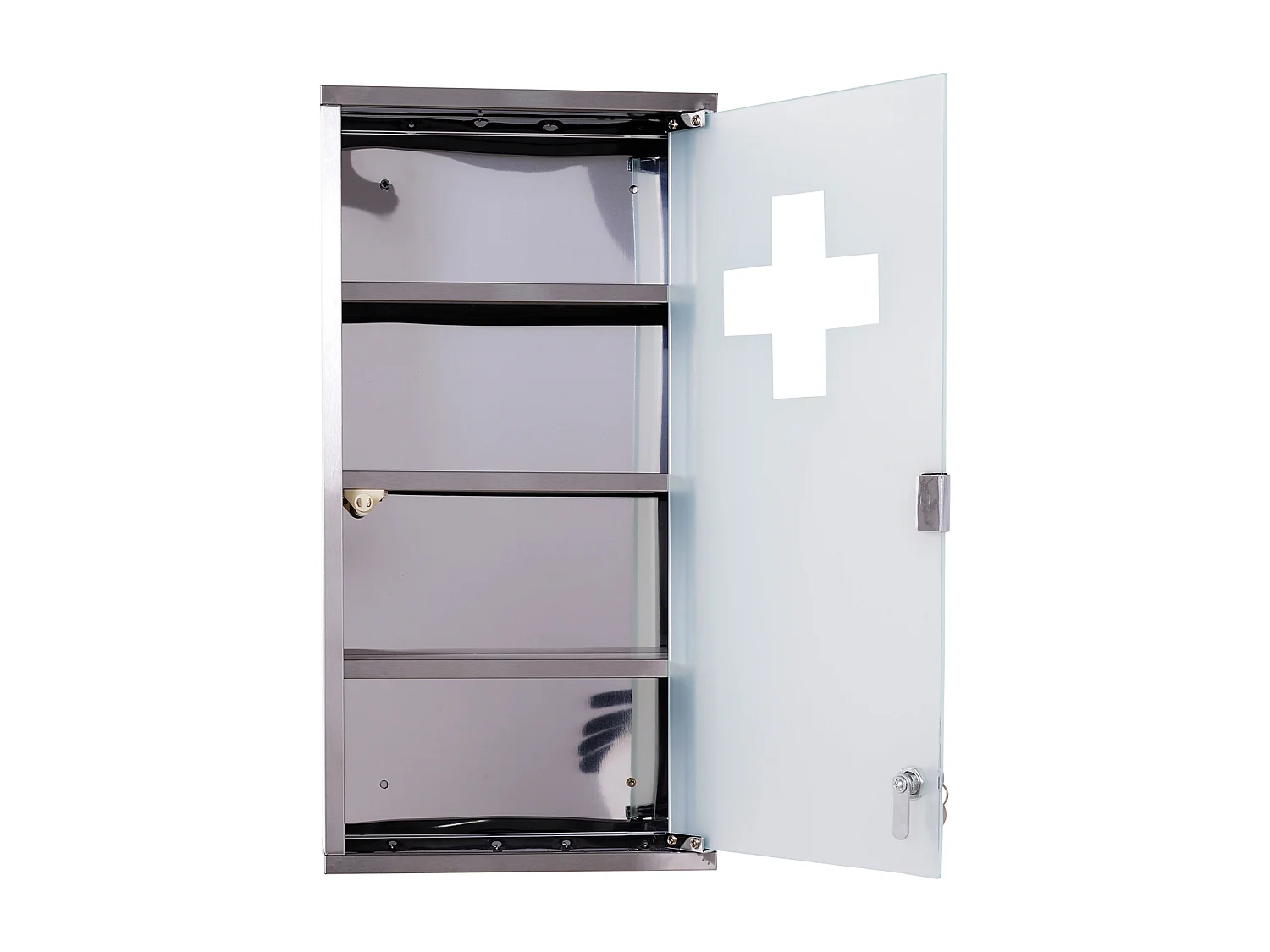 Armoire à pharmacie 3 étagères 4 niveaux 30L x 12l x 60H cm porte verre trempé symbole croix acier inoxydable brossé