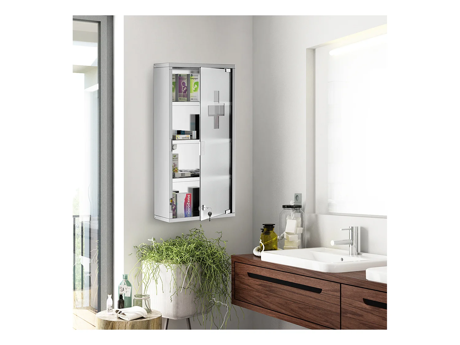 Armoire à pharmacie 3 étagères 4 niveaux 30L x 12l x 60H cm porte verre trempé symbole croix acier inoxydable brossé