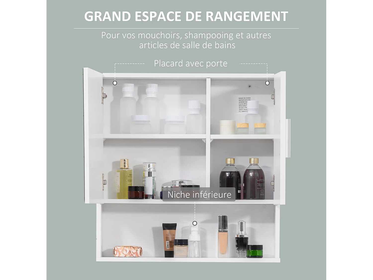 Armoire murale miroir de salle de bain - 2 portes, étagères, niche - dim. 54L x 15,2l x 55,3H cm - MDF blanc