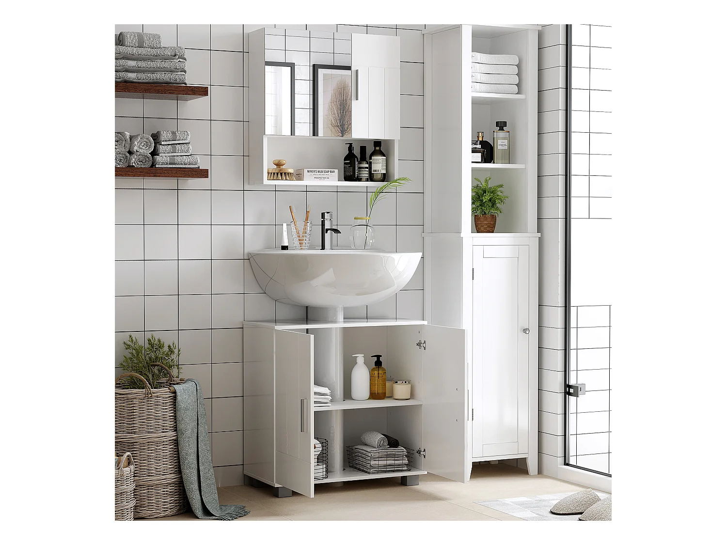 Armoire murale miroir de salle de bain - 2 portes, étagères, niche - dim. 54L x 15,2l x 55,3H cm - MDF blanc
