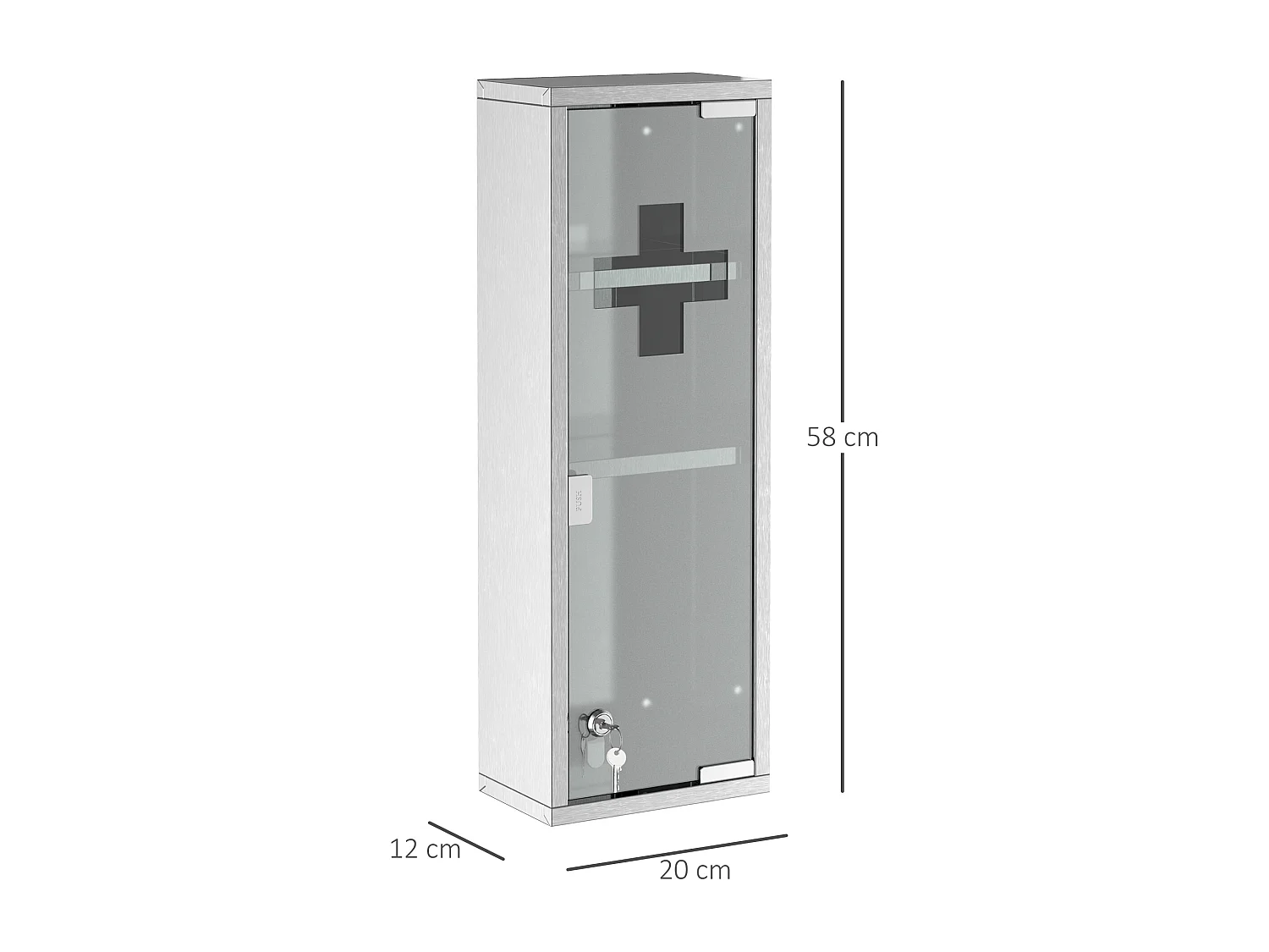 Armoire à pharmacie 2 étagères 3 niveaux 20L x 12l x 58H cm porte verre trempé symbole croix acier inox.