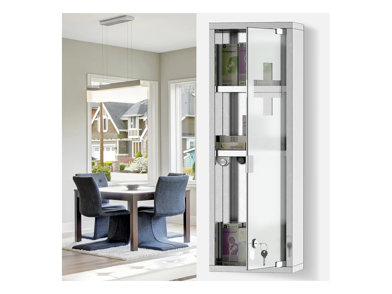 Armoire à pharmacie 2 étagères 3 niveaux 20L x 12l x 58H cm porte verre trempé symbole croix acier inox.