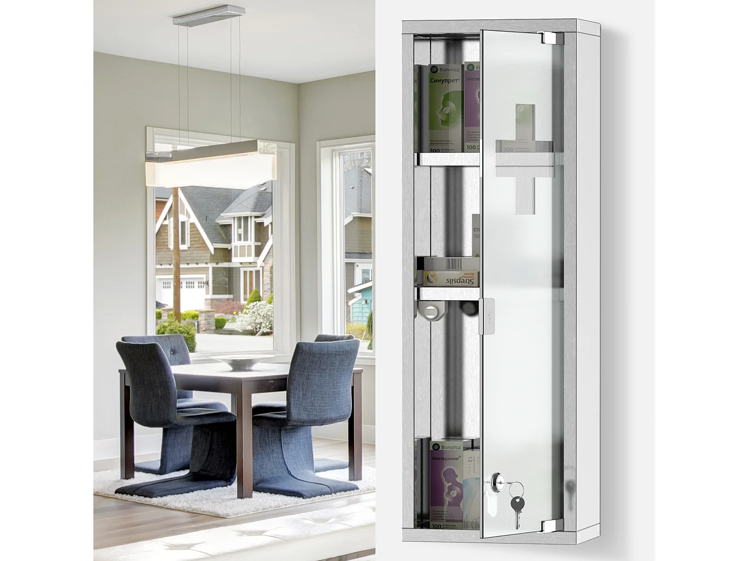 Armoire à pharmacie 2 étagères 3 niveaux 20L x 12l x 58H cm porte verre trempé symbole croix acier inox.