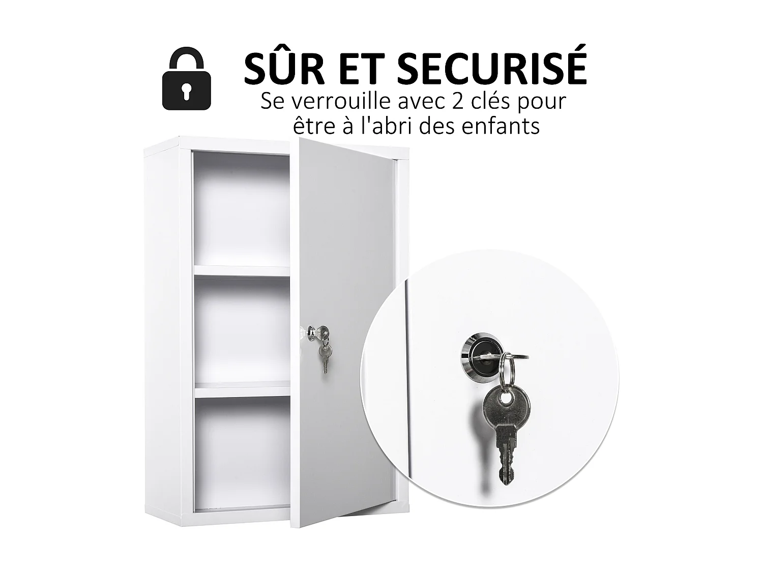 Armoire à pharmacie 2 étagères 3 niveaux verrouillable dim. 40L x 18l x 60H cm 2 clés métal blanc