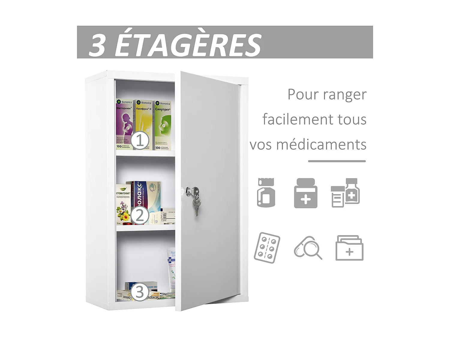 Armoire à pharmacie 2 étagères 3 niveaux verrouillable dim. 40L x 18l x 60H cm 2 clés métal blanc