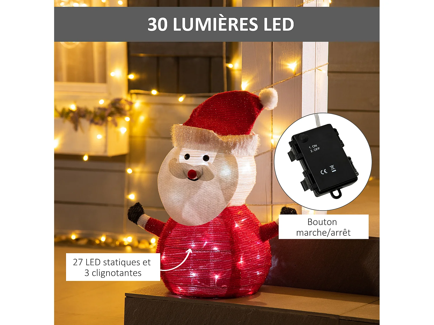 Père Noël Lumineux LED 51H cm - décoration de Noël LED - décoration Lumineuse de Noël - 30 LEDs 3 Clignotantes - Blanc Froid