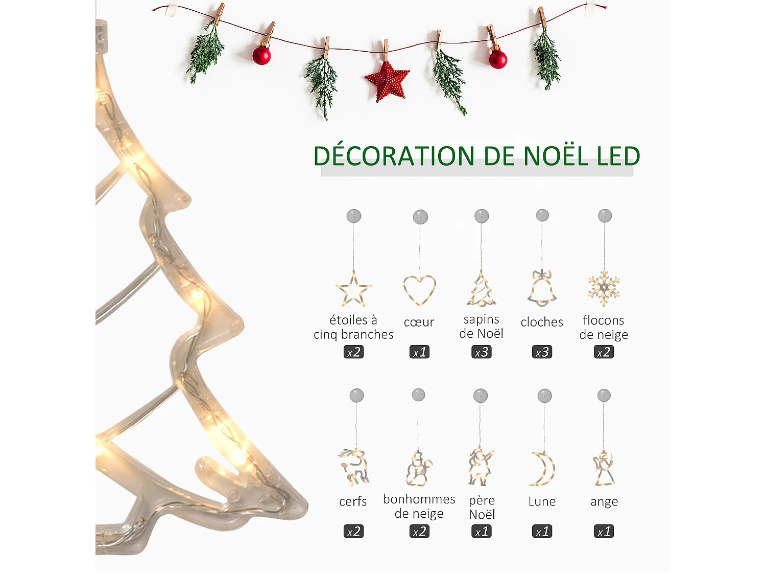 Décoration de Noël LED - décoration Lumineuse de Noël pour fenêtre - Silhouettes Noël pour fenêtre - 18 pièces avec ventouses - Blanc Chaud