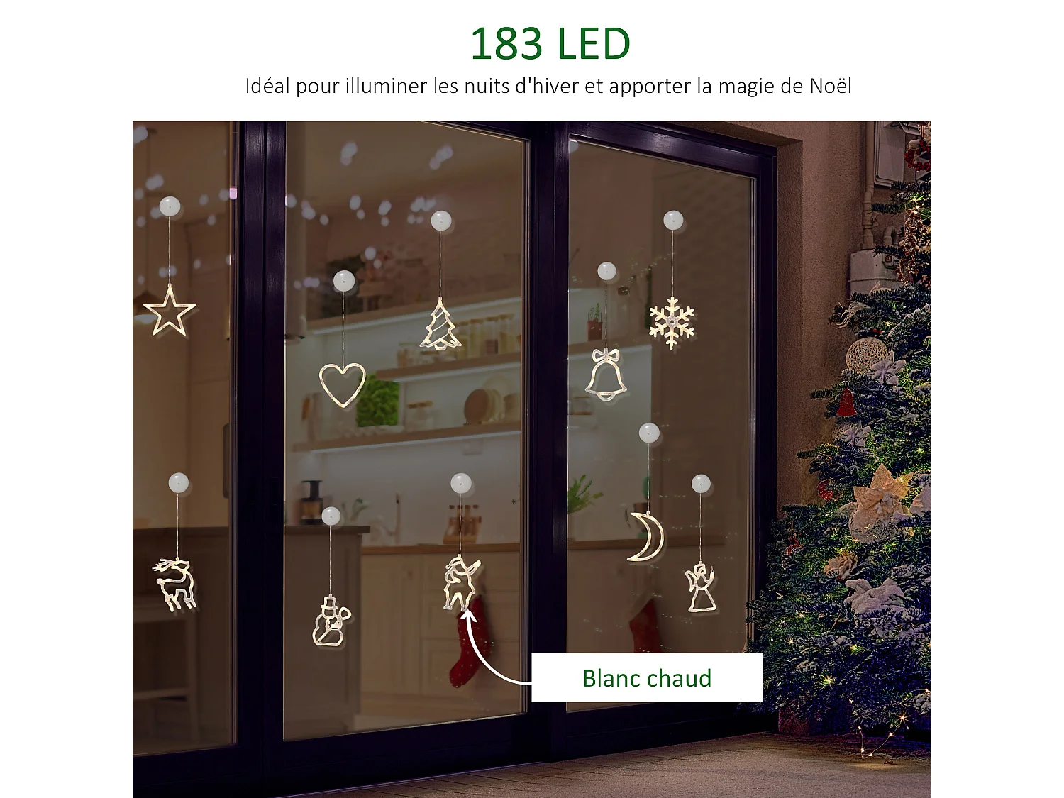 Décoration de Noël LED - décoration Lumineuse de Noël pour fenêtre - Silhouettes Noël pour fenêtre - 18 pièces avec ventouses - Blanc Chaud