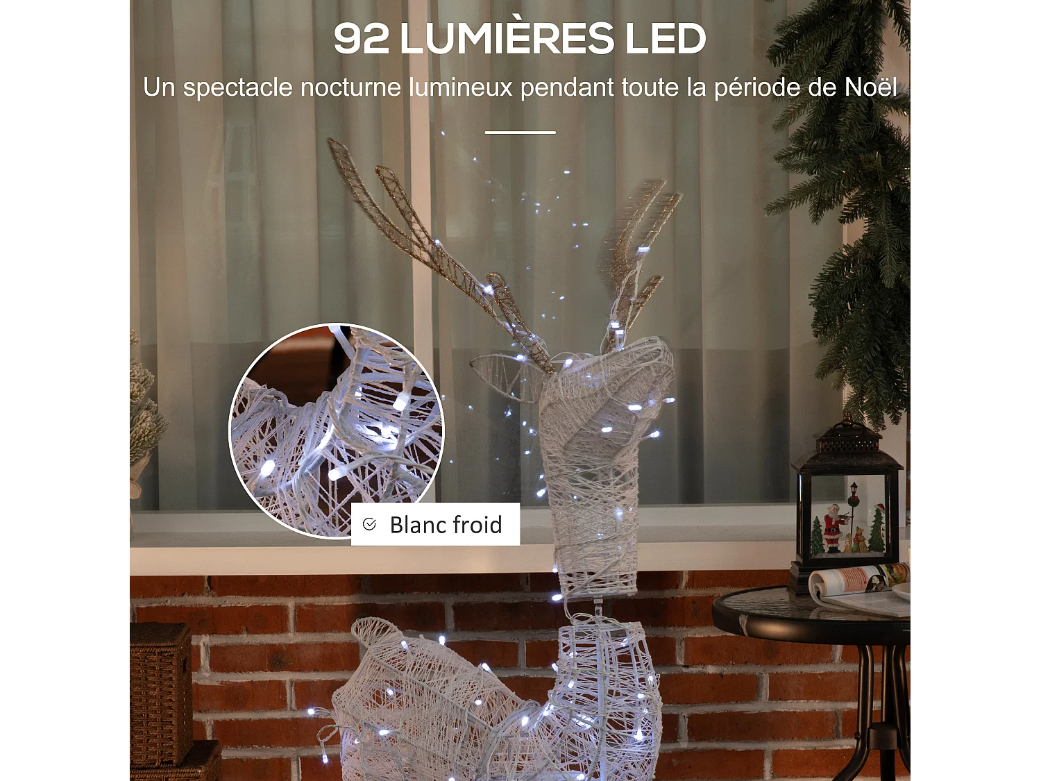 Déco renne de Noël lumineux - Silhouette renne lumineux - décoration LED extérieure de Noël - 92 LED blanc froid