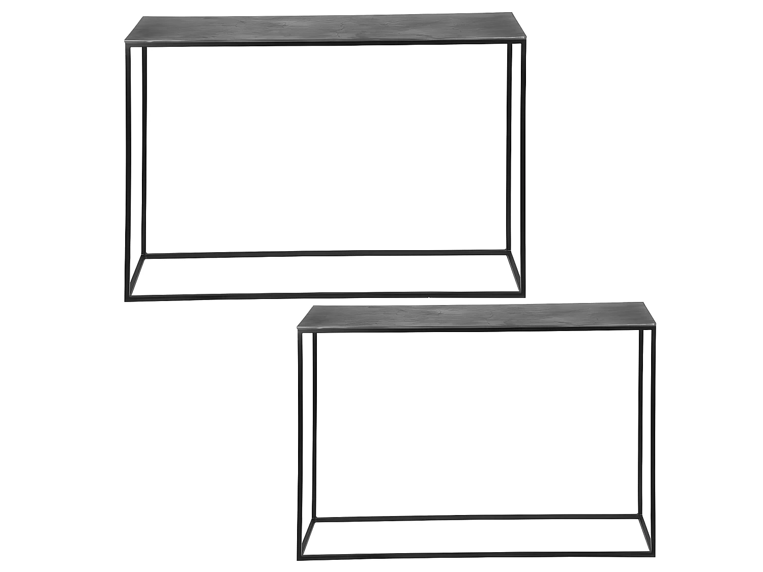 Set de 2 consoles métal argenté hauteurs 77 et 70 cm