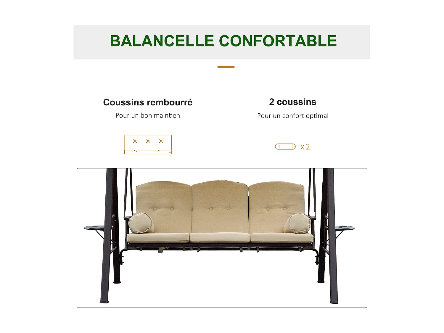 Balancelle de jardin 3 places grand confort toit inclinaison réglable coussins plateaux rétractables polyester filé beige