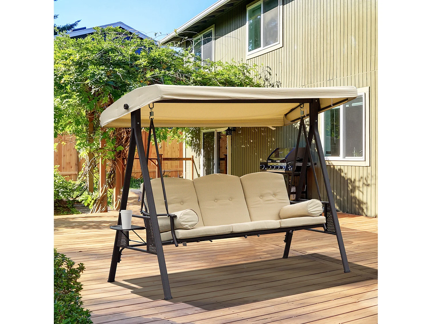 Balancelle de jardin 3 places grand confort toit inclinaison réglable coussins plateaux rétractables polyester filé beige