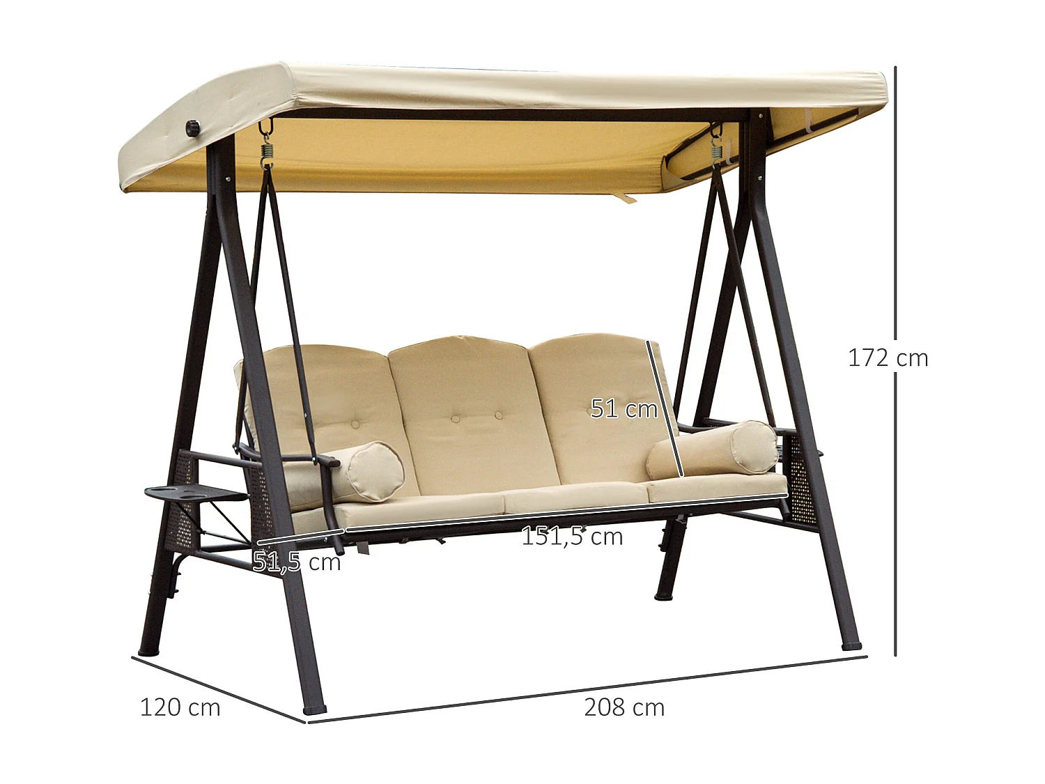 Balancelle de jardin 3 places grand confort toit inclinaison réglable coussins plateaux rétractables polyester filé beige