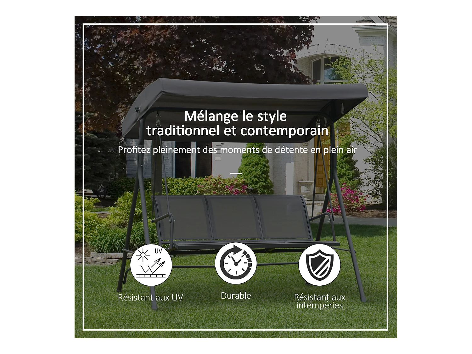 Balancelle de jardin 3 places grand confort toit inclinaison réglable assise et dossier ergonomique acier textilène gris