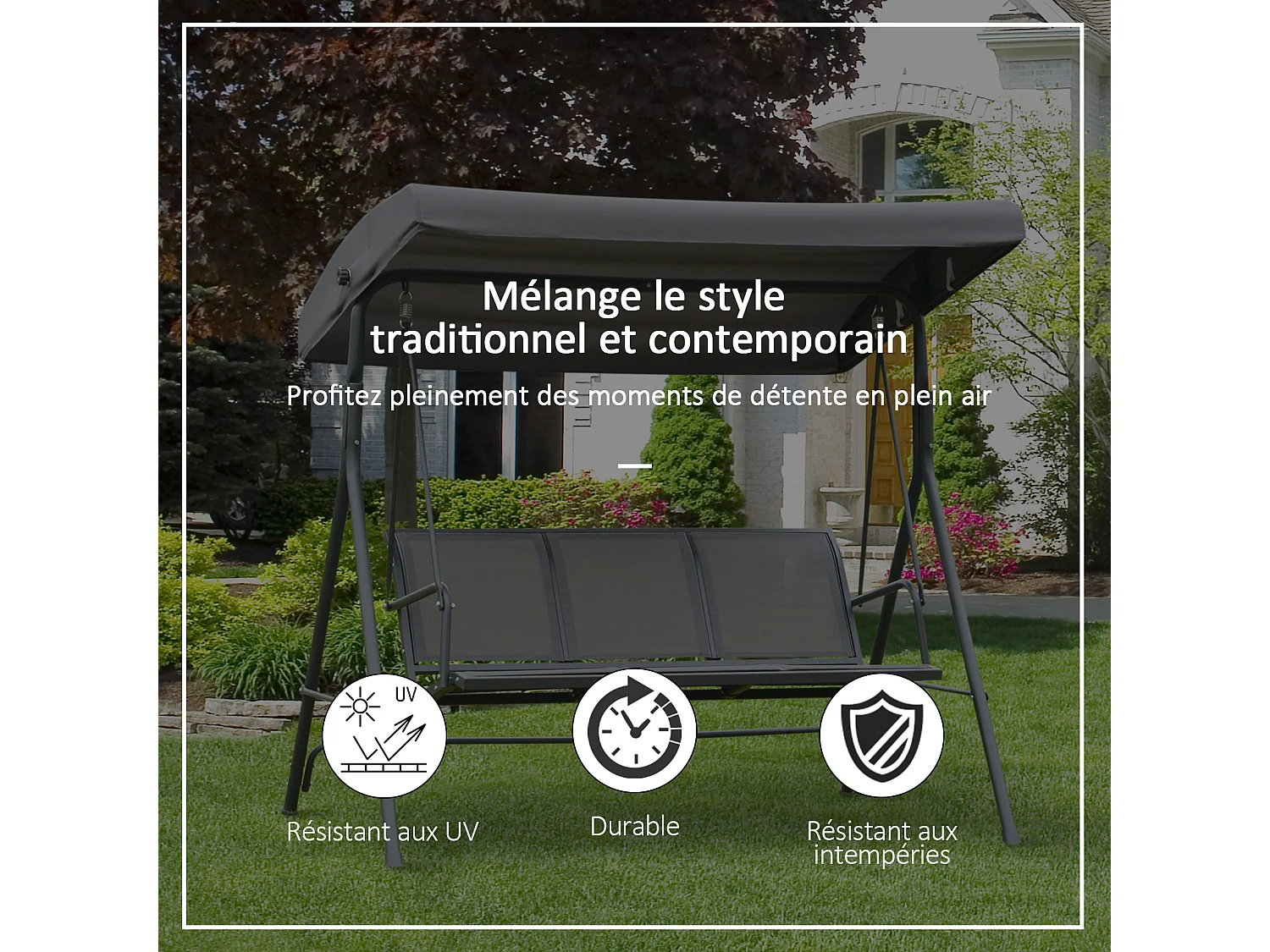 Balancelle de jardin 3 places grand confort toit inclinaison réglable assise et dossier ergonomique acier textilène gris