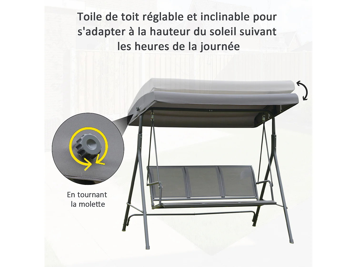 Balancelle de jardin 3 places grand confort toit inclinaison réglable assise et dossier ergonomique acier textilène gris