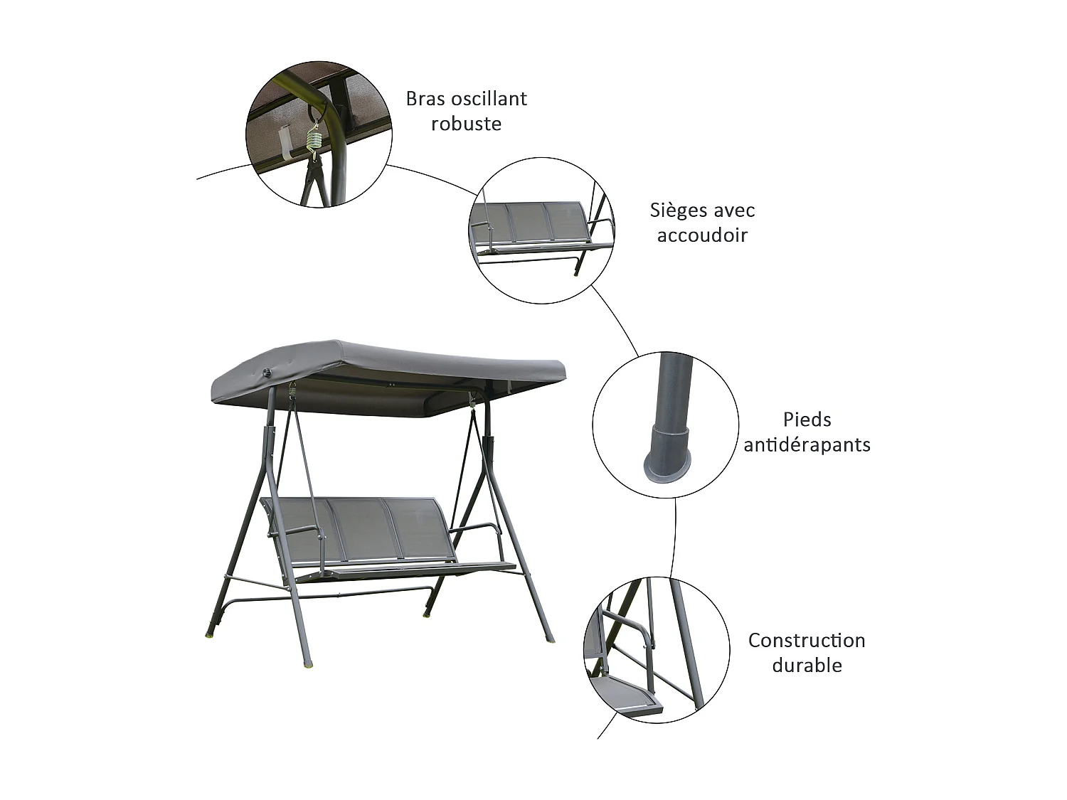 Balancelle de jardin 3 places grand confort toit inclinaison réglable assise et dossier ergonomique acier textilène gris