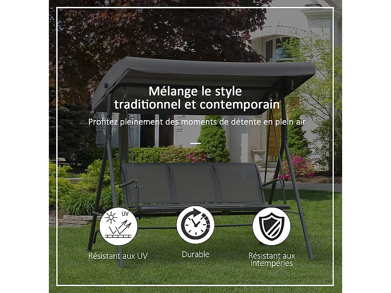 Balancelle de jardin 3 places grand confort toit inclinaison réglable assise et dossier ergonomique acier textilène gris