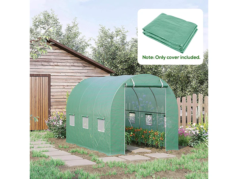 Bâche de rechange serre tunnel 6 m², bâche dim. 3L x 2l x 2H m PE anti-UV imperméable 6 fenêtres + porte enroulable zippée vert