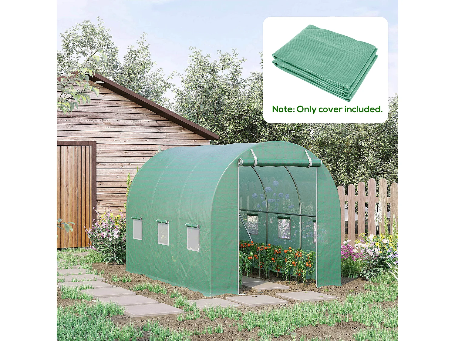 Bâche de rechange serre tunnel 6 m², bâche dim. 3L x 2l x 2H m PE anti-UV imperméable 6 fenêtres + porte enroulable zippée vert