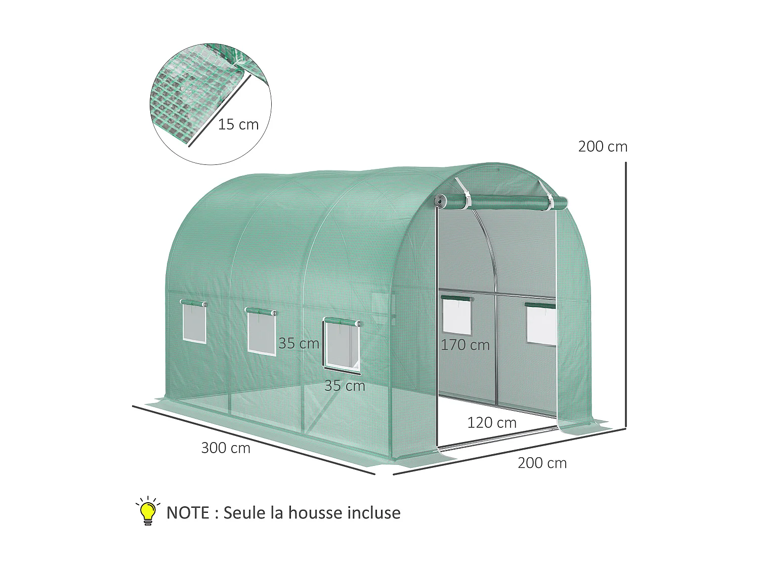 Bâche de rechange serre tunnel 6 m², bâche dim. 3L x 2l x 2H m PE anti-UV imperméable 6 fenêtres + porte enroulable zippée vert