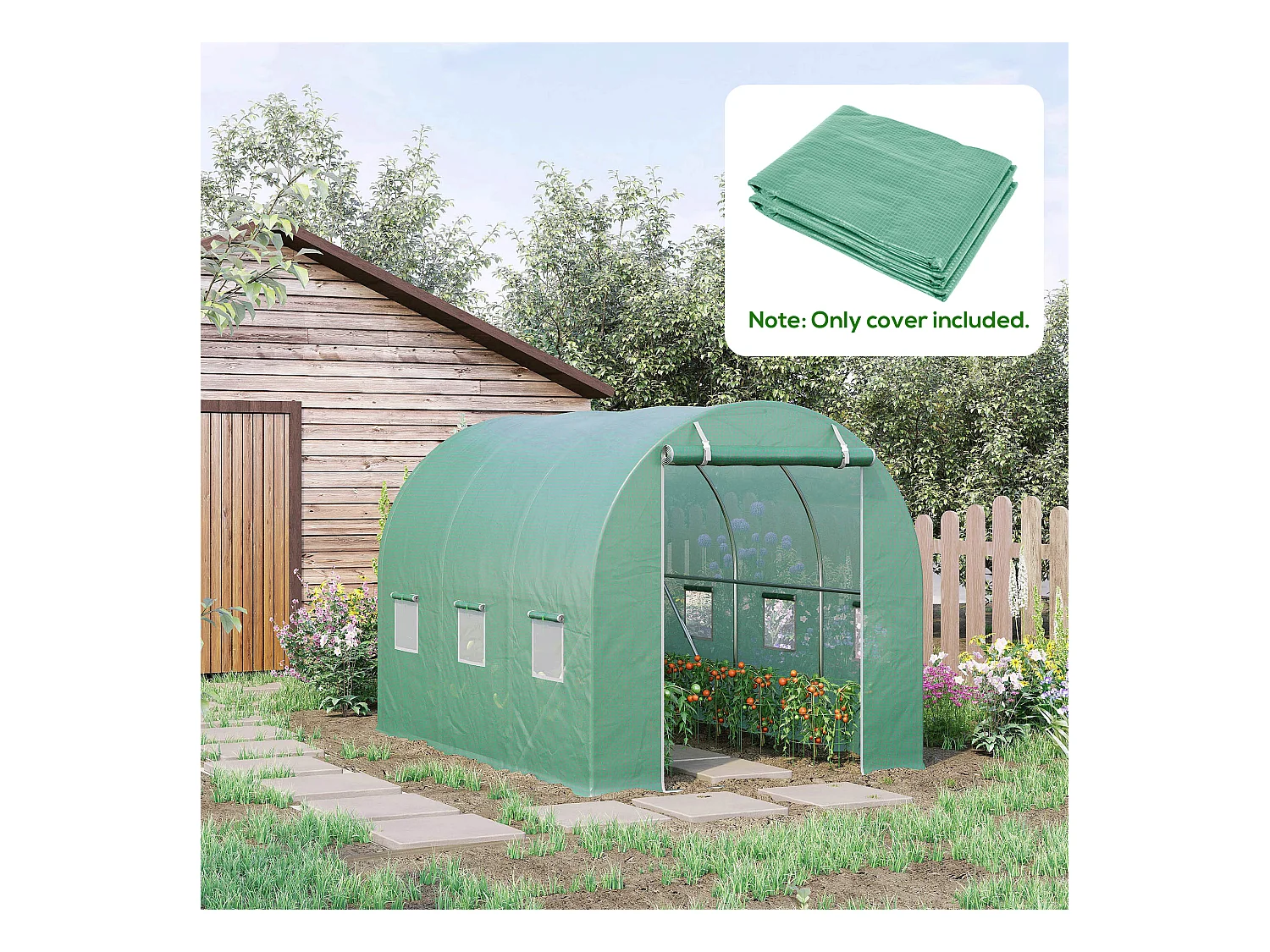 Bâche de rechange serre tunnel 6 m², bâche dim. 3L x 2l x 2H m PE anti-UV imperméable 6 fenêtres + porte enroulable zippée vert