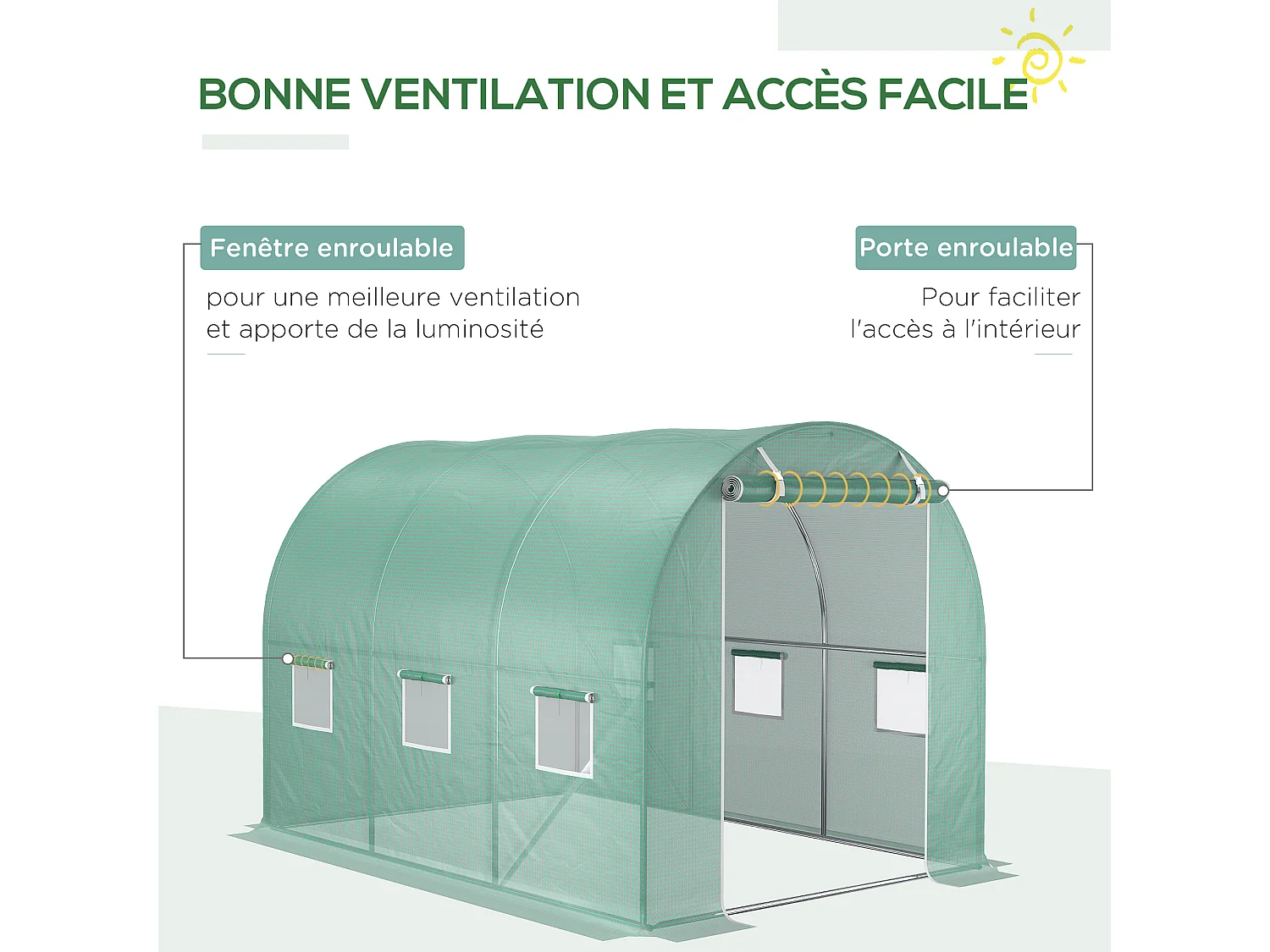 Bâche de rechange serre tunnel 6 m², bâche dim. 3L x 2l x 2H m PE anti-UV imperméable 6 fenêtres + porte enroulable zippée vert