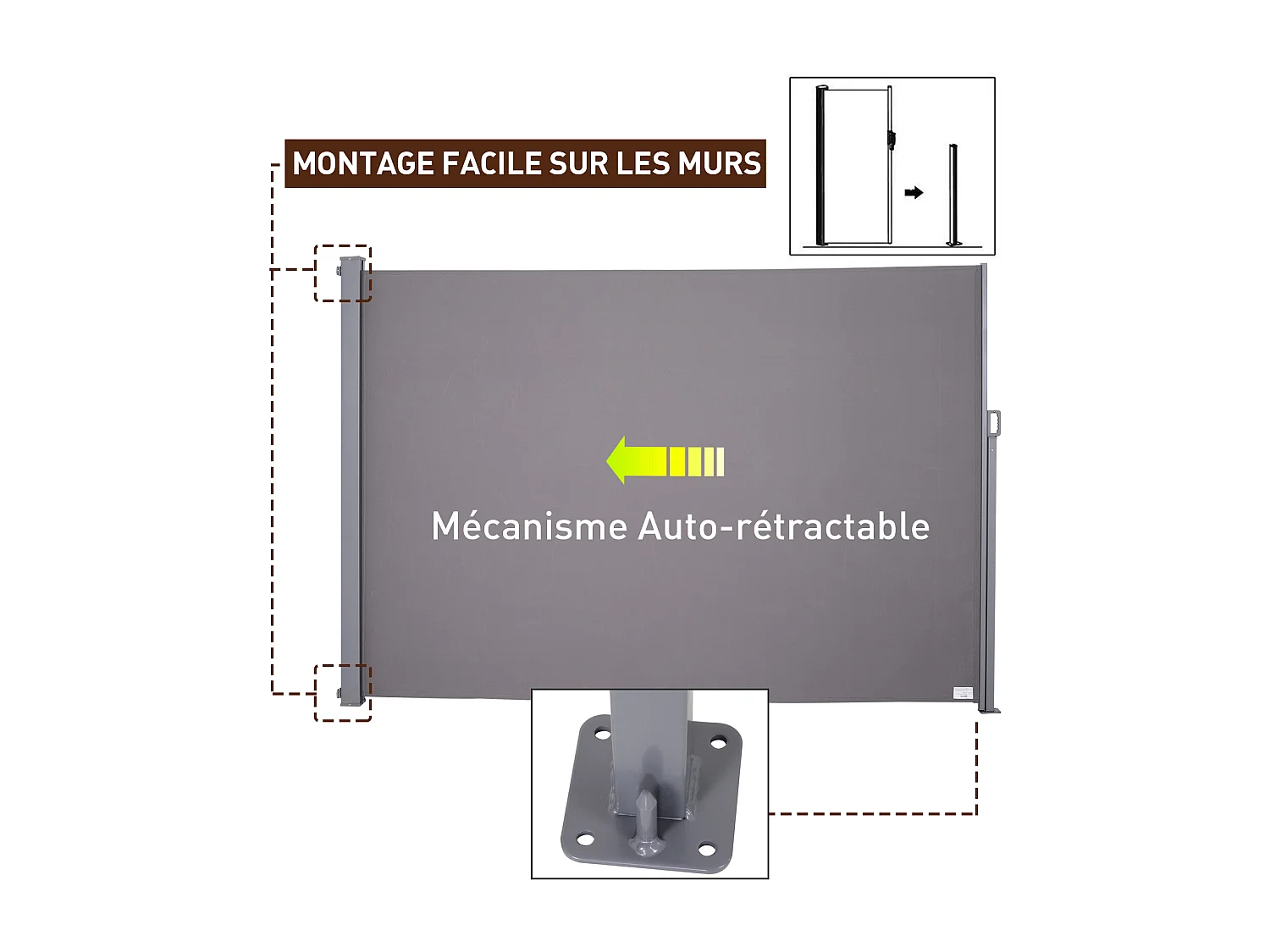 Store latéral brise-vue paravent rétractable dim. 3L x 2H m alu. polyester anti-UV haute densité 280 g/m² gris