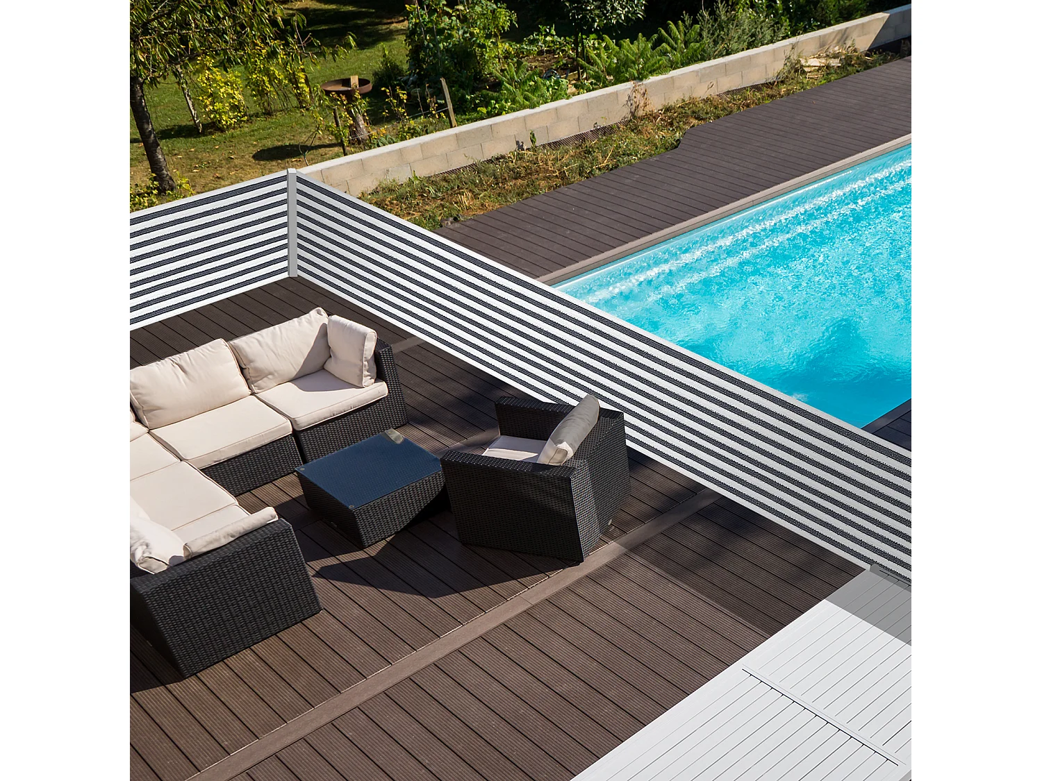 Lot de 2 brise-vue renforcés occultants HDPE haute densité 52 œillets + 4 cordons dim. 5L x 0,90H m gris blanc rayé