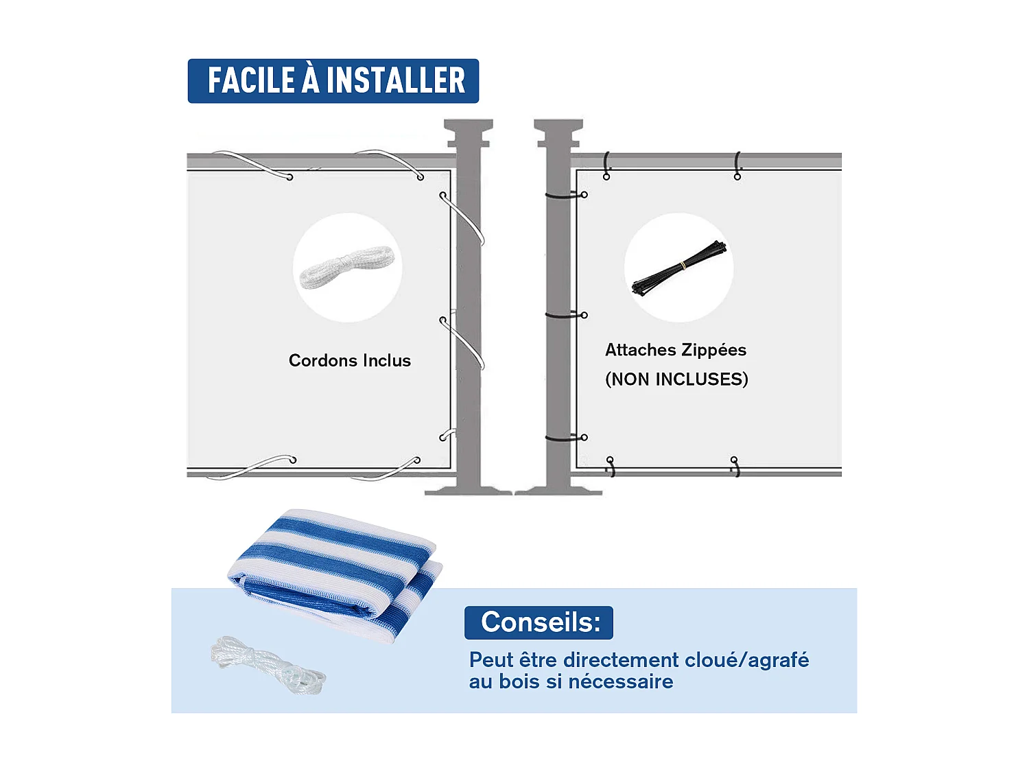 Lot de 2 brise-vue renforcés occultants HDPE haute densité 52 œillets + 4 cordons dim. 5L x 0,90H m bleu blanc rayé