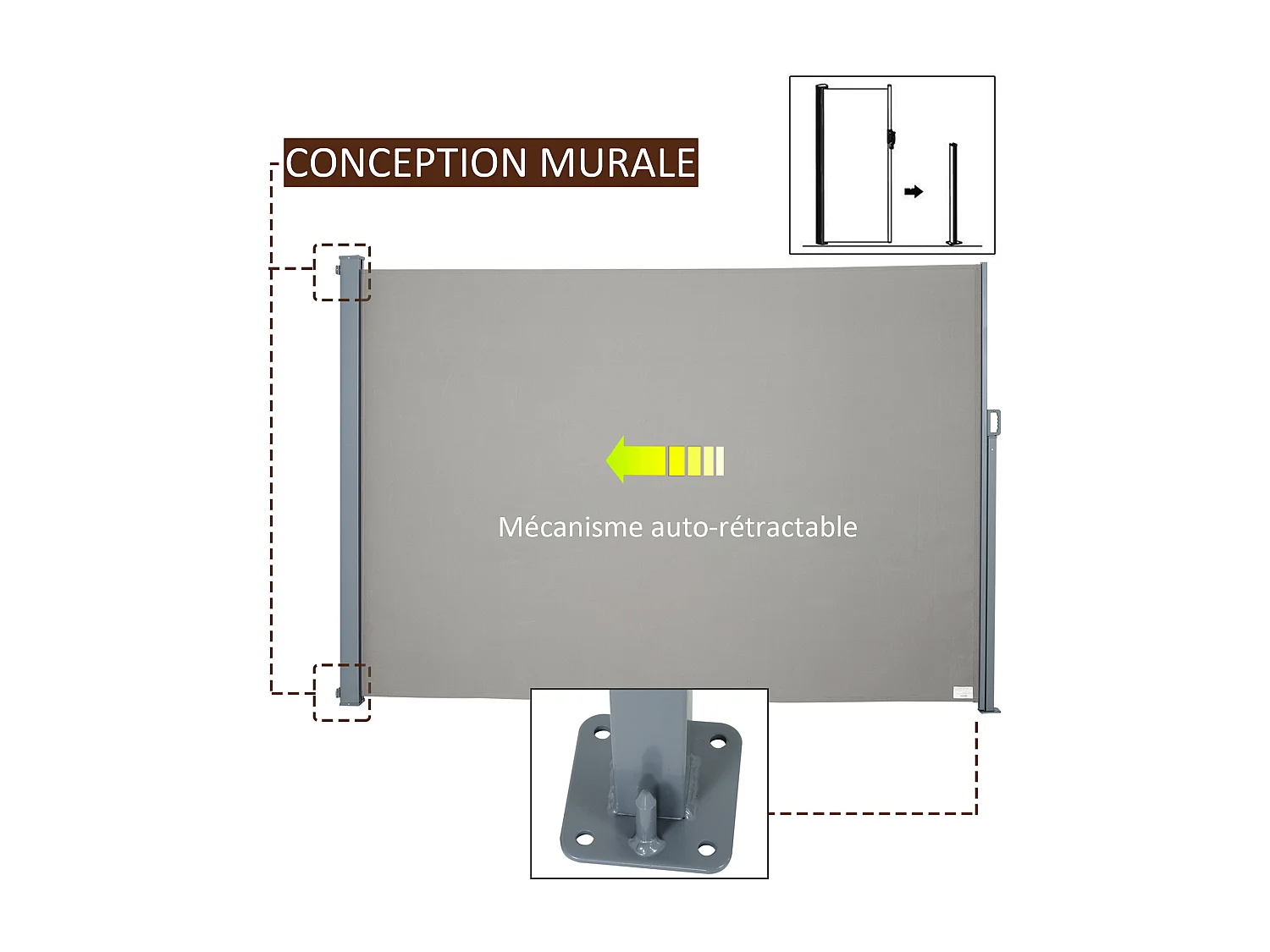 Store latéral brise-vue paravent rétractable dim. 3L x 1,60H m alu. polyester anti-UV haute densité 280 g/m² gris
