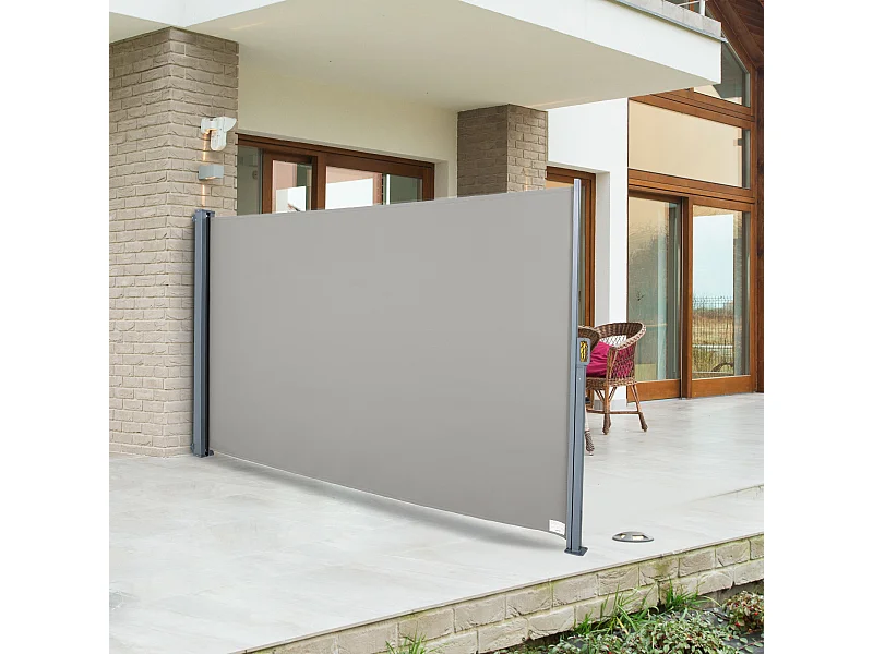 Store latéral brise-vue paravent rétractable dim. 3L x 1,60H m alu. polyester anti-UV haute densité 280 g/m² gris