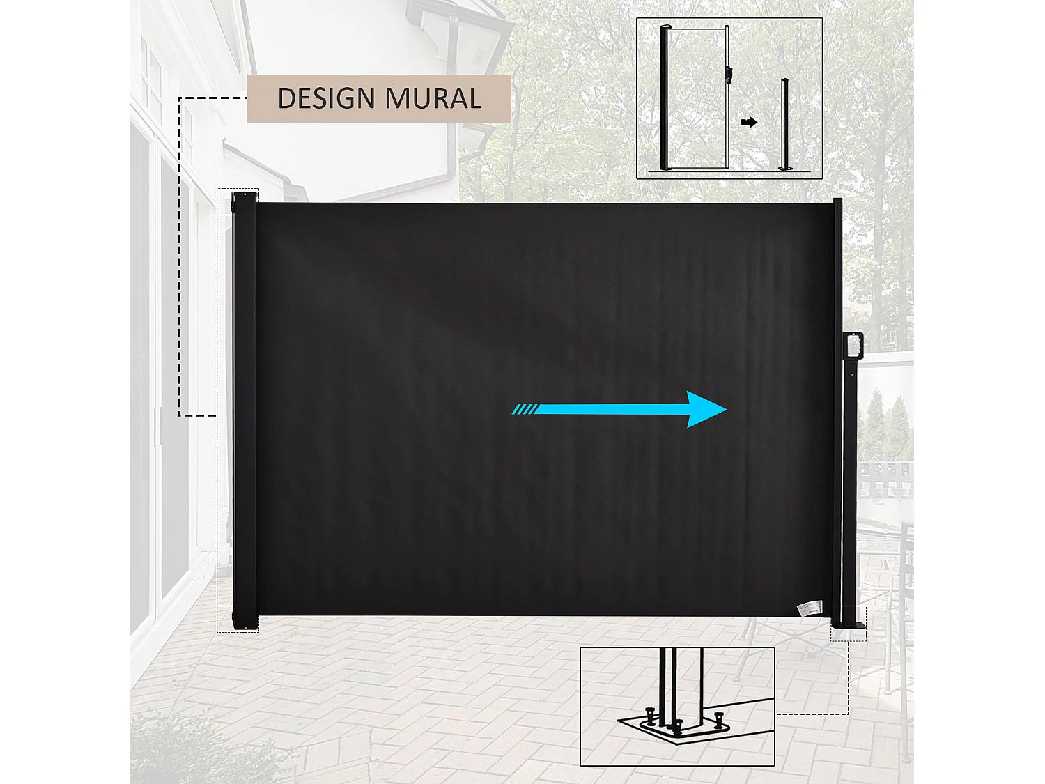 Store latéral brise-vue paravent rétractable dim. 3,5L x 1,8H m alu. polyester imperméable anti-UV haute densité 280 g/m² gris