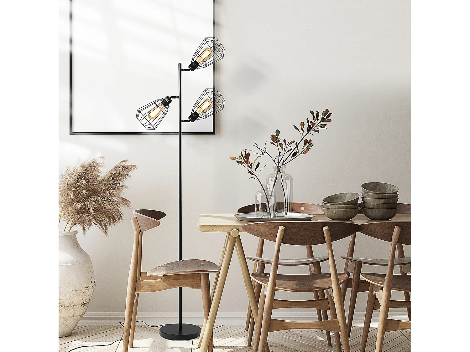 Lampadaire design industriel 3 ampoules max. 40 W abat-jour cage métal noir