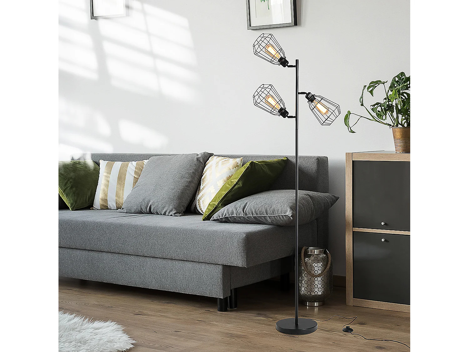 Lampadaire design industriel 3 ampoules max. 40 W abat-jour cage métal noir