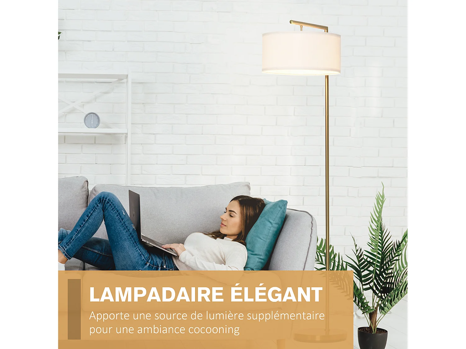Lampadaire design néo-rétro max. 40 W 153H cm abat-jour circulaire aspect lin blanc piètement structure métal doré