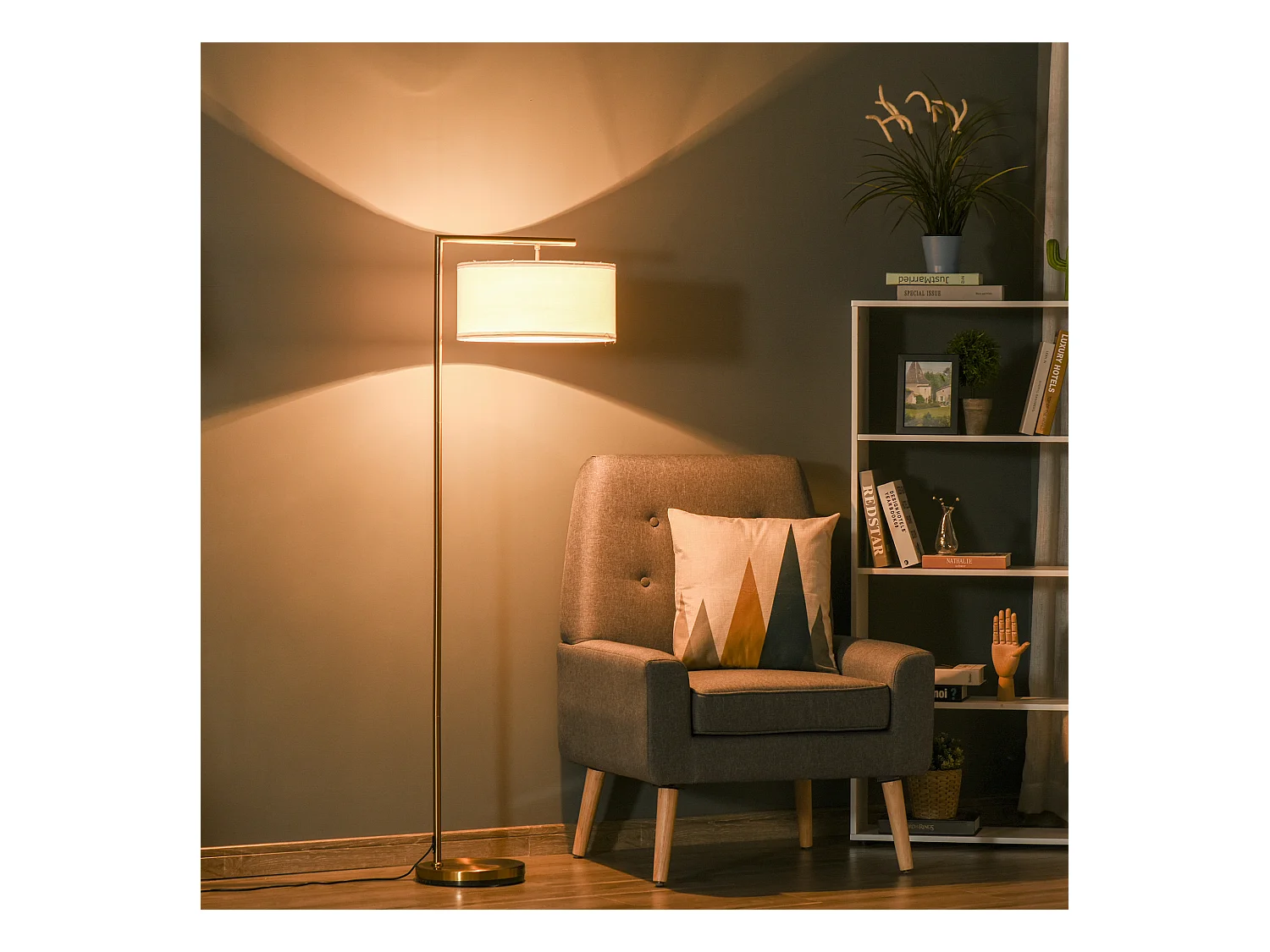 Lampadaire design néo-rétro max. 40 W 153H cm abat-jour circulaire aspect lin blanc piètement structure métal doré