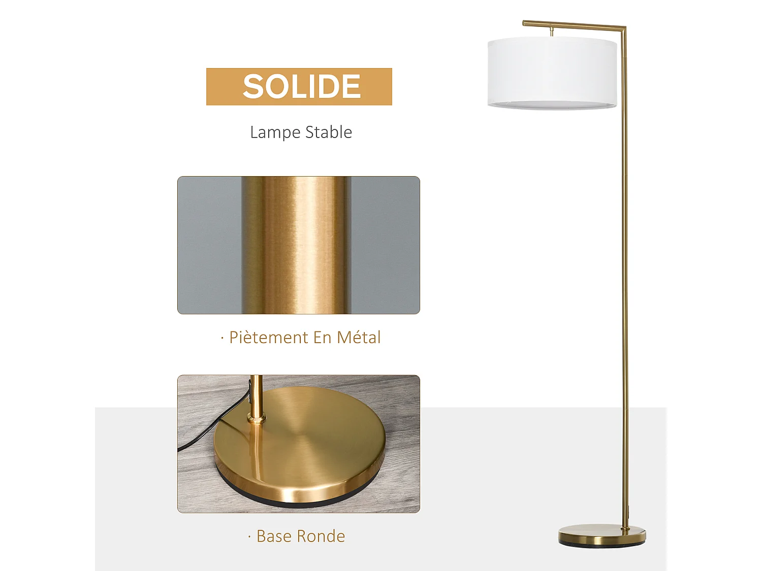 Lampadaire design néo-rétro max. 40 W 153H cm abat-jour circulaire aspect lin blanc piètement structure métal doré