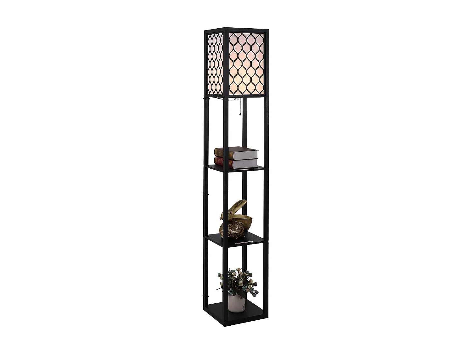 Lampadaire étagère lampe étagère 26L x 26l x 160H cm 3 étagères 4 niveaux MDF noir motif nid d'abeille