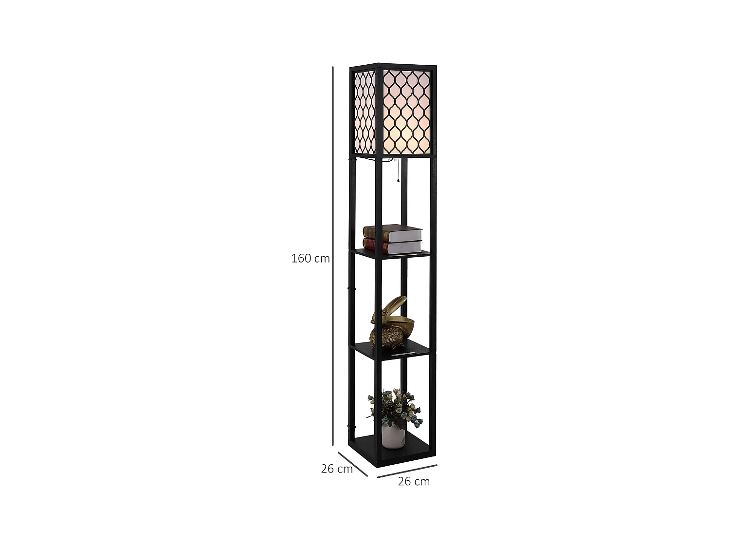 Lampadaire étagère lampe étagère 26L x 26l x 160H cm 3 étagères 4 niveaux MDF noir motif nid d'abeille
